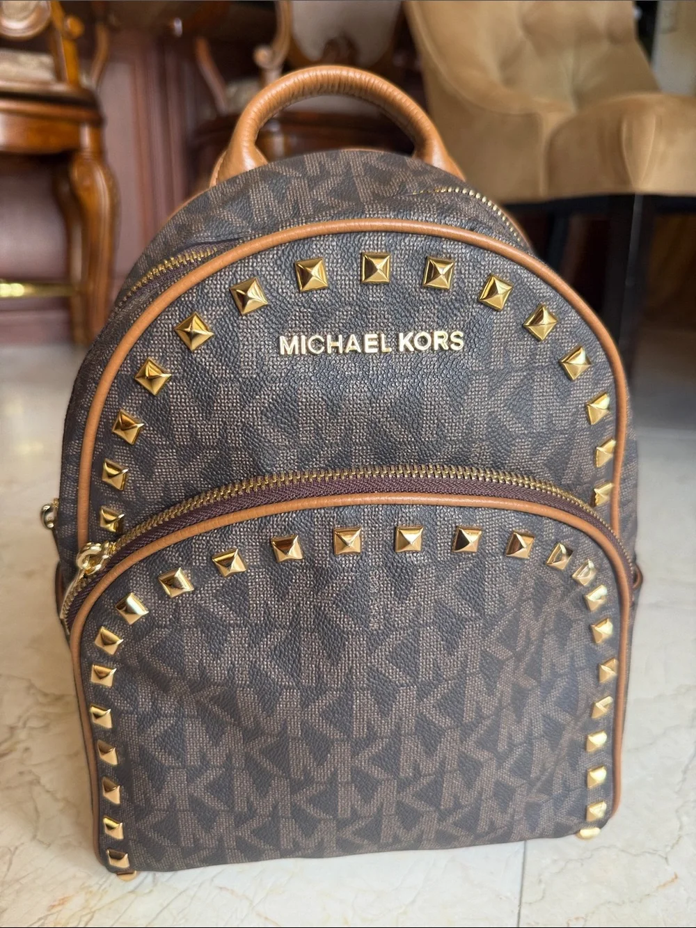 Michael Kors Brown MK Logo Backpack with Gold Studs PERFECT CONDITION
